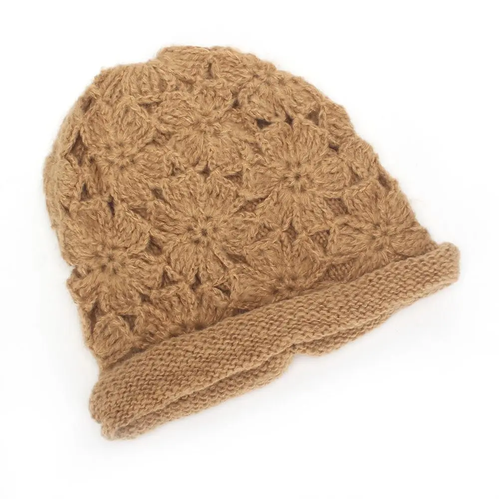 Hollow Handmade Crochet Hat Thick Knit 3D Flower Knitted Beanie Hat Cold Weather Wear Double-Layer Rolled Edge Cap For Women