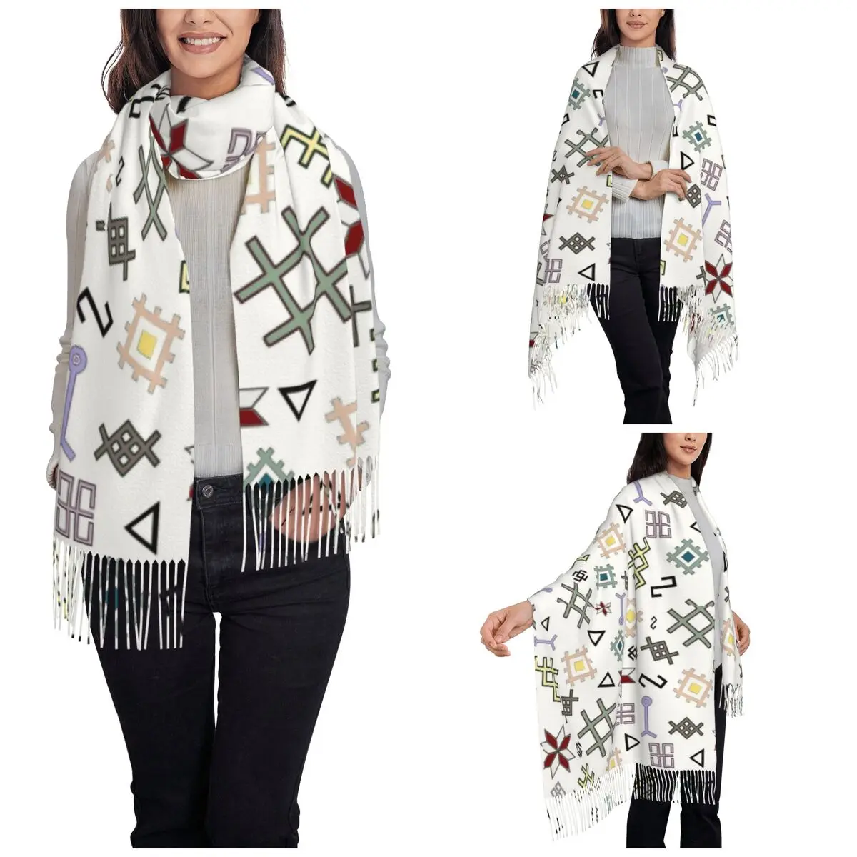 Latvian Ancient Pagan Symbols Of Luck Seamless Pattern Scarf  Warm Shawls and Wrap Long Large Scarves with Tassel for Ladies