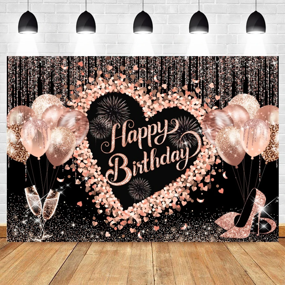 Happy Birthday Backdrop for Women Glitter High Heels Balloon Glass Flower Cusom Photography Background Decor Banner Photo Studio