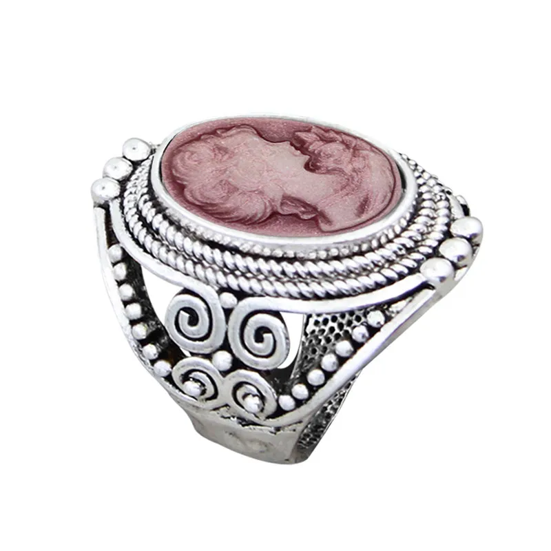 Vintage Look Oval Pink White Lady Queen Cameo Rings For Women Solid Silver Plated Victoria Fashion Jewelry