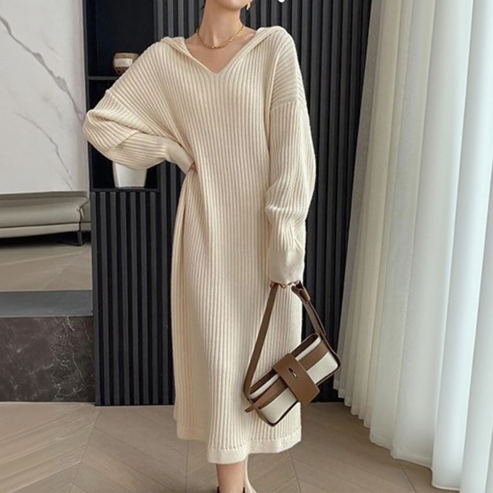 فستان نسائي متوسط الطول بغطاء للرأس بلون سادة، أزياء خريفية أساسية بأكمام قصيرة، نمط فستان يومي طويل