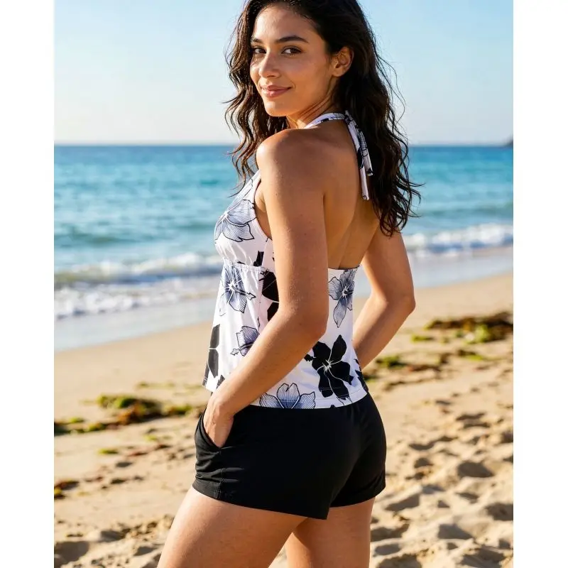 European and American cross border Summer New Beach Women Color Block Two Piece Set Halter Floral Print Sexy Backless Outfit