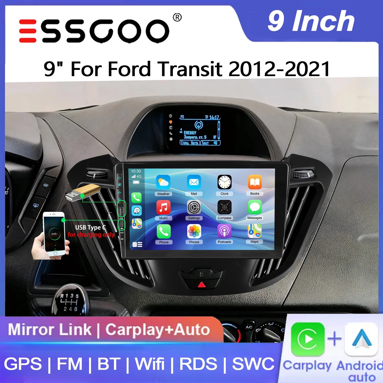 ESSGOO 9" 64G Android 15 per Ford Transit Custom 2012-2021, autoradio con Carplay wireless, Android Auto, navigazione GPS, radio, USB, Type-C, FM, Bluetooth, WiFi, RDS, ASP, Mirror Link, SWC, schermo