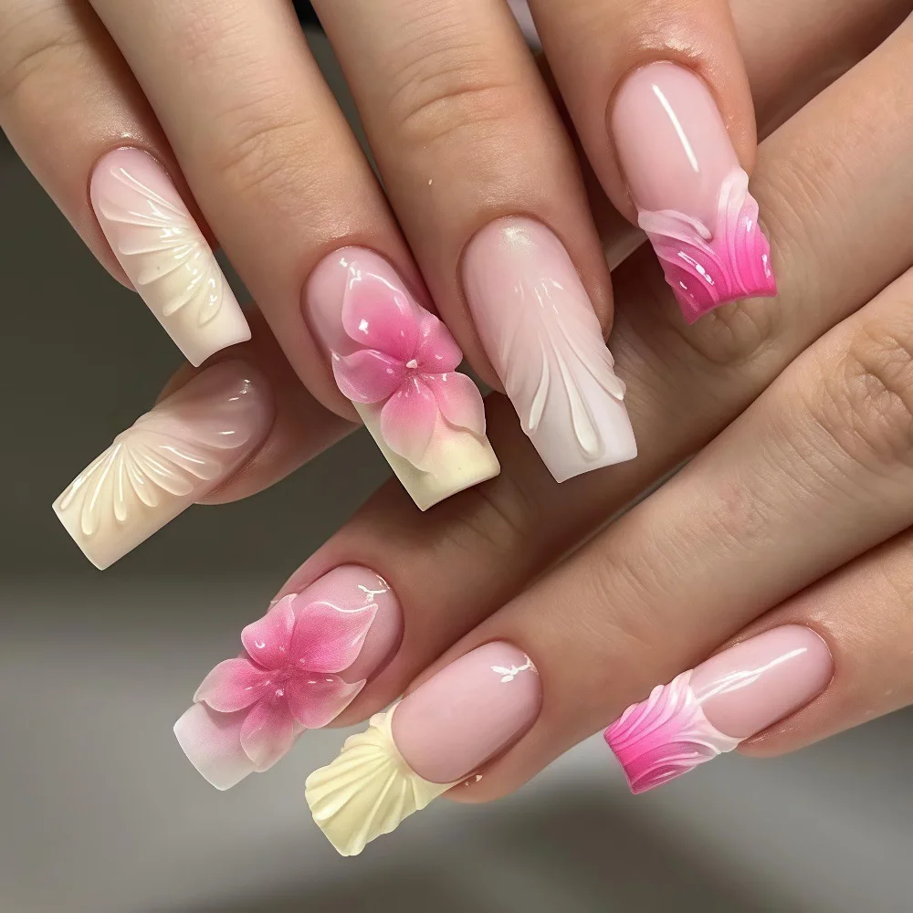 3D fake nails embossed flowers fruit pink yellow white color for Spring summer season Square shape press on false nail art set