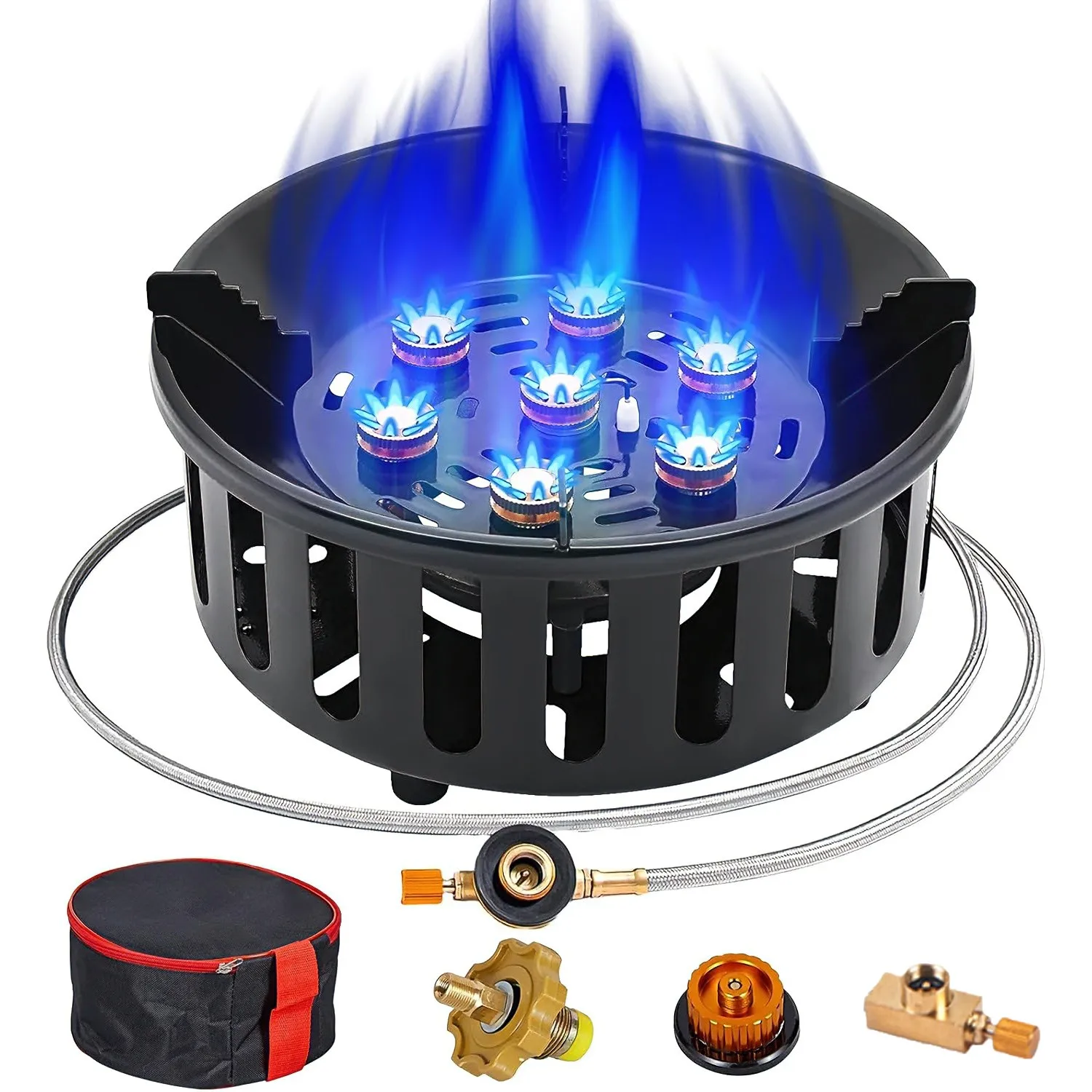 Estufa de Gas Portátil para Camping, 21000W de Alta Potencia, Quemador de Fuego Fuerte de 7 Núcleos, para Viajes al Aire Libre, Barbacoa, Picnic, Senderismo