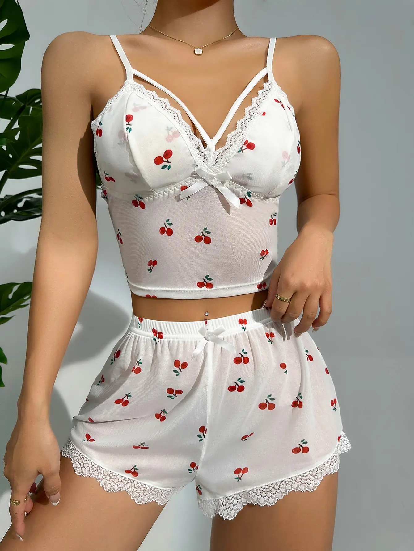 2PCS Cherry Print Sling Deep V BacklessTop White Shorts Set Summer New Women Breathable Sexy Cute Pajama Set Homewear Pajamas