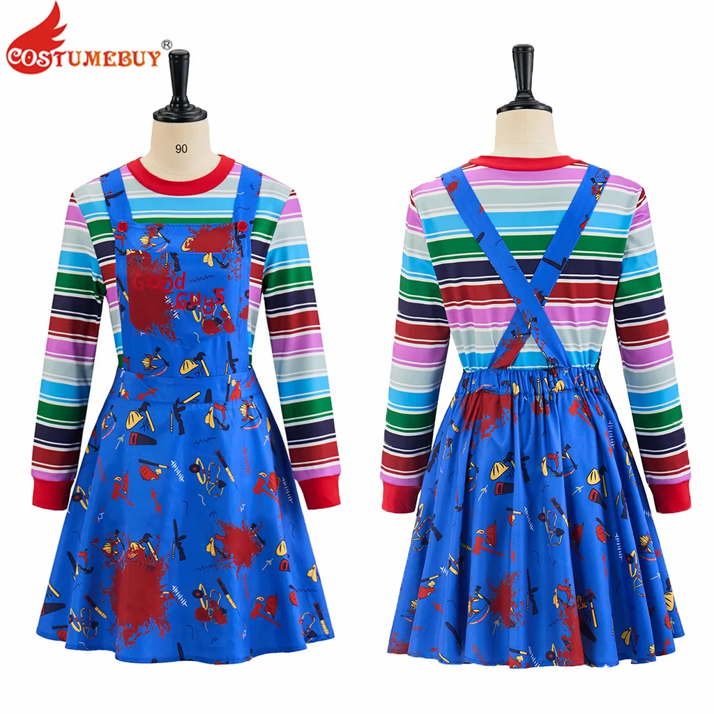 

Horror Halloween Ghost Costume Women Girls Fancy Rainbow Striped Top Dress Outfit Halloween Carnival Role Play Suit