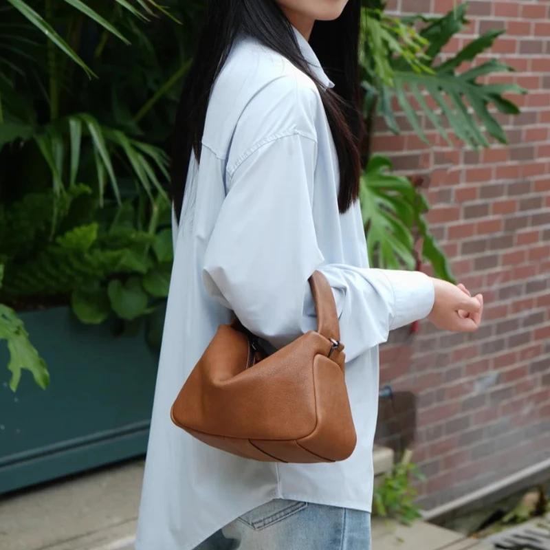 Minimalist Everyday Casual Soft Slouchy Shoulder Bag for Women Genuine Leather Vegetable Tanned Convertible Crossbody Bag