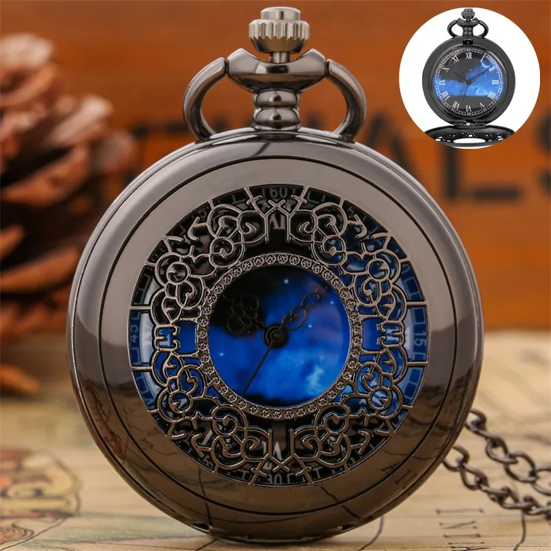 Mysterious Blue Starry Sky Pocket Watch Roman Numerals Galaxy Quartz Fob Watch with Pendant Necklace Chain Perfect Gift Idea