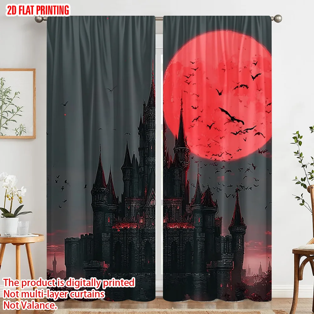 

2pc,2D plane printing Popular Curtain Panels Gothic Dracula Castle Red Moon Versatile Durable Polyester (without rod) Festive