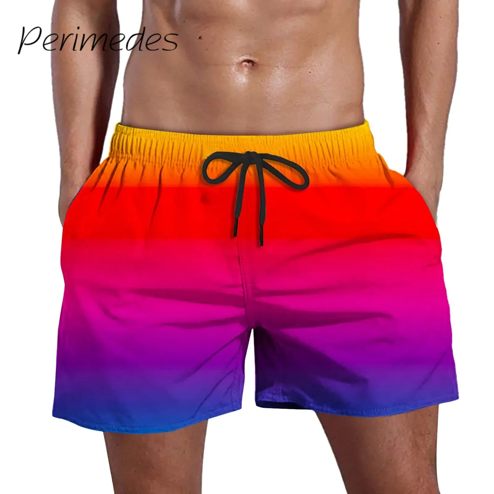 Shorts de cordão de secagem rápida com bolsos, moda praia estampada gradiente, moda praia masculina, troncos de verão, 2022