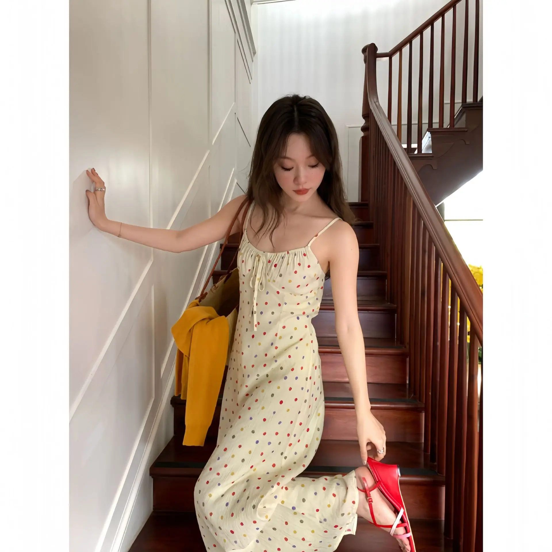 

2025 Spring Girl Age Slimming Slim Polka Dot Halter Dress Female