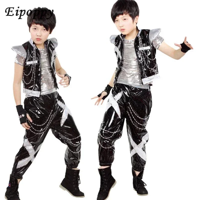 Children's Silver Short-sleeve Clothes Hip Hop Show Costume Suit Boy Jazz Modern Dance Costume