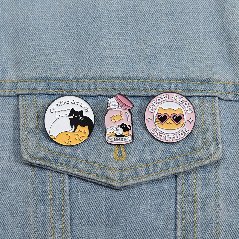 Certified Cat Lady Enamel Pin Cartoon Meow Catitude Anti Depressants Ainmal Brooches Lapel Badge Jewelry Gifts For Friends