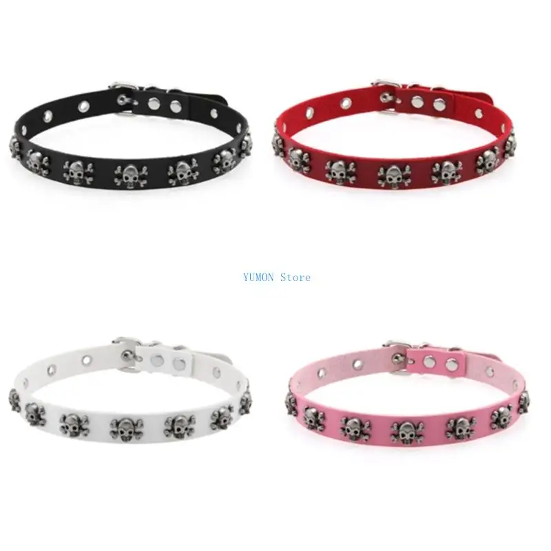 D0UD Skull Charm Leather Choker Soft PU Collar With Metal Gothic Unisex Adjustable Necklace For Daily Wear