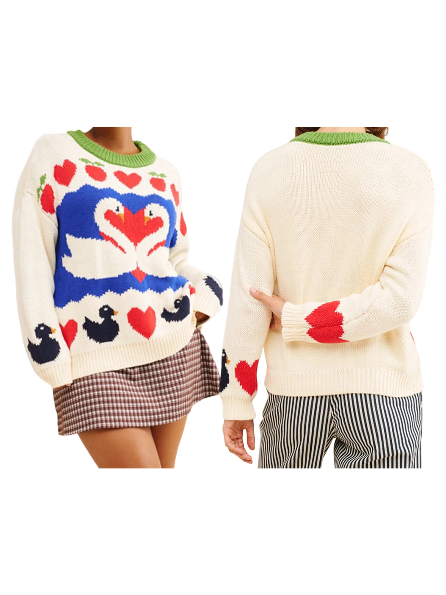 المرأة سترة الشتاء المريحة المتضخم عادية الغزلان طباعة مضلع تقليم طاقم الرقبة طويلة الأكمام متماسكة البلوز سترة علوية