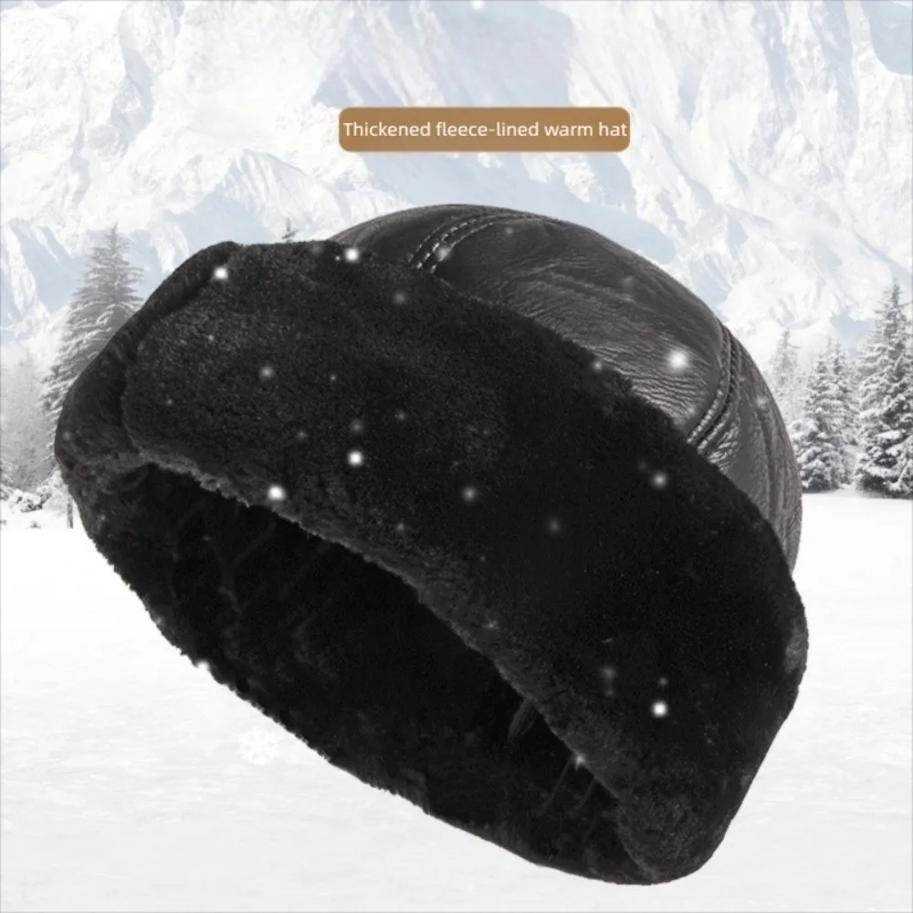

Warm Thick Winter Hat Fleece Lined Black Men Hat Fur Leather Windproof Snow Ski Cap Winter