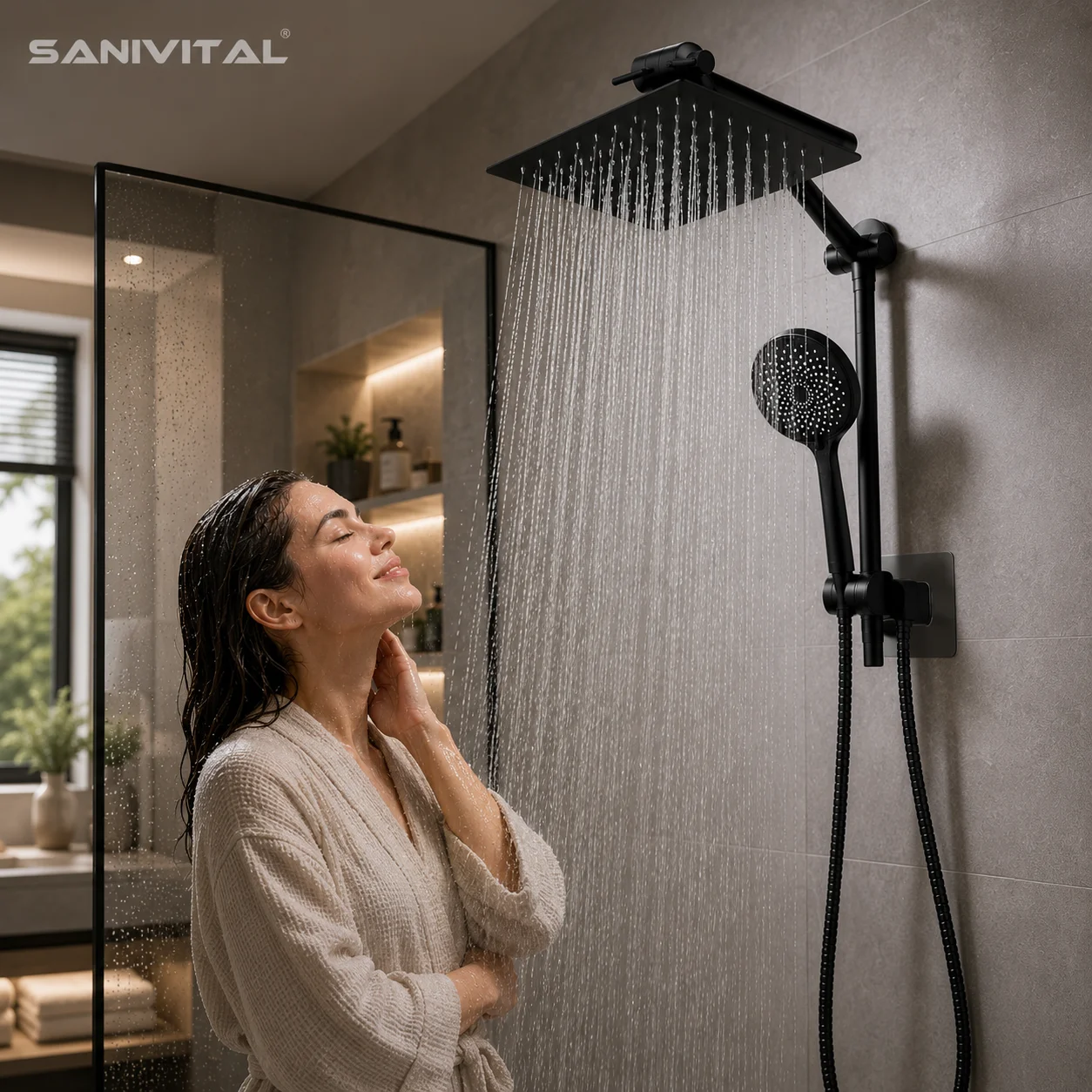 SANIVITAL Matte Black Shower Faucet Set Rainfall Shower System Wall Mounted Dual Function Shower Combo with Handheld Shower Head
