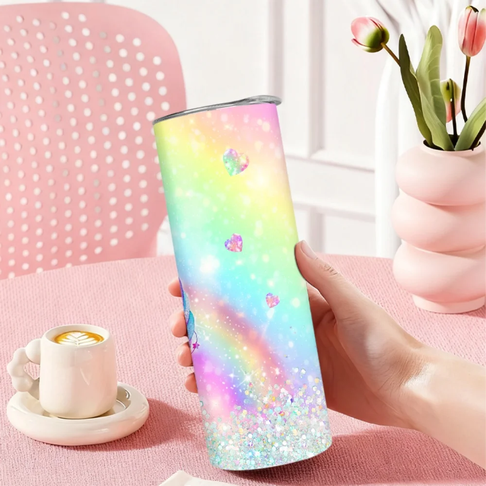1pc 20oz straw water bottle, insulated stainless steel water cup with a rainbow unicorn dreamy background pattern.