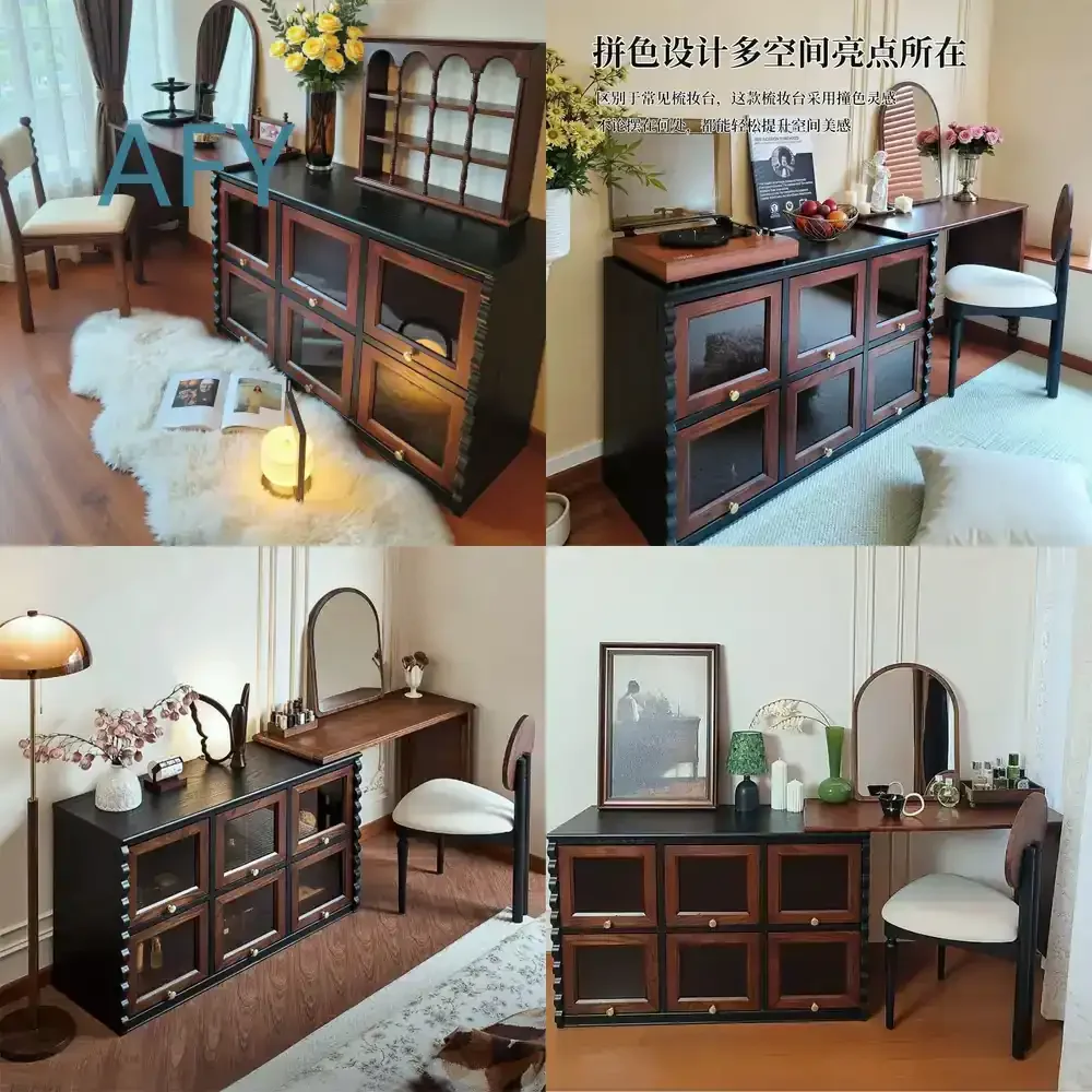 French Vintage Style Dresser for Bedroom Bed End Makeup Table Chocolate Cabinet White Ash Solid Wood Vanity Storage Cabinet