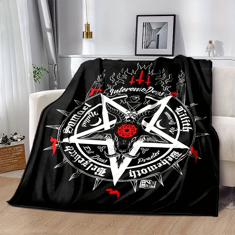 1pc, sheep Head Satan Printed Flannel Blanket, Soft Casual Warm Blanket, Multi-purpose Office Throw Blanket, Outdoor Camping Tra