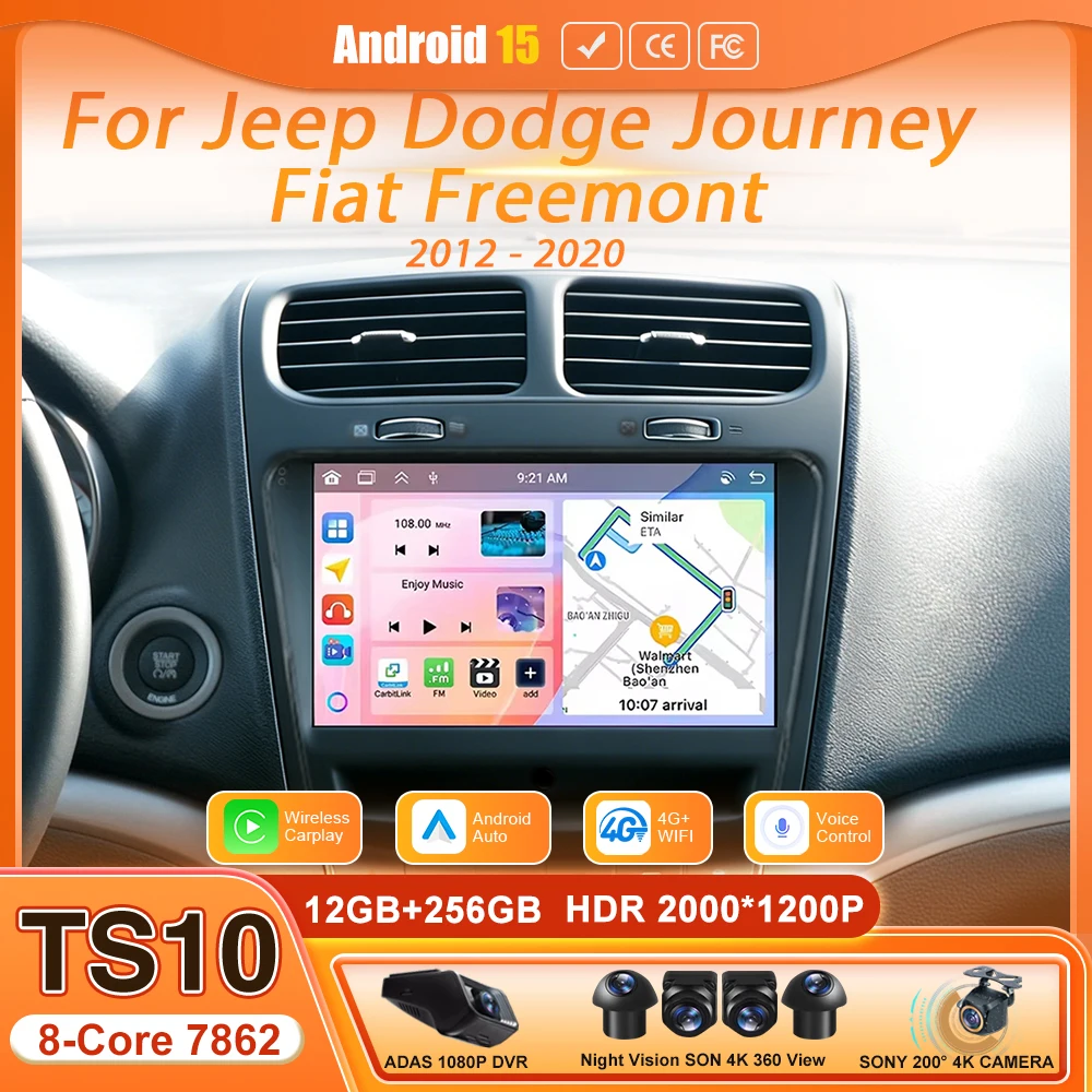 Radio para Auto Android 16 con 4G+WiFi, Carplay, Sistema Multimedia Estéreo, GPS, Navegación para Jeep, Dodge Journey, Fiat Freemont 2012-2020, Bluetooth