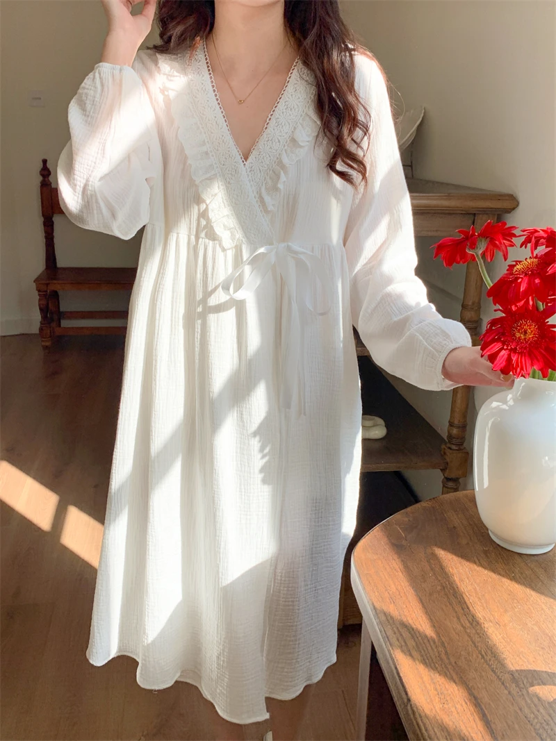 lace-trim-v-neck-long-sleeve-kimono-style-robe-cotton-gauze-belted-home-wear-spring-autumn-women's-sleepwear-bathrobe