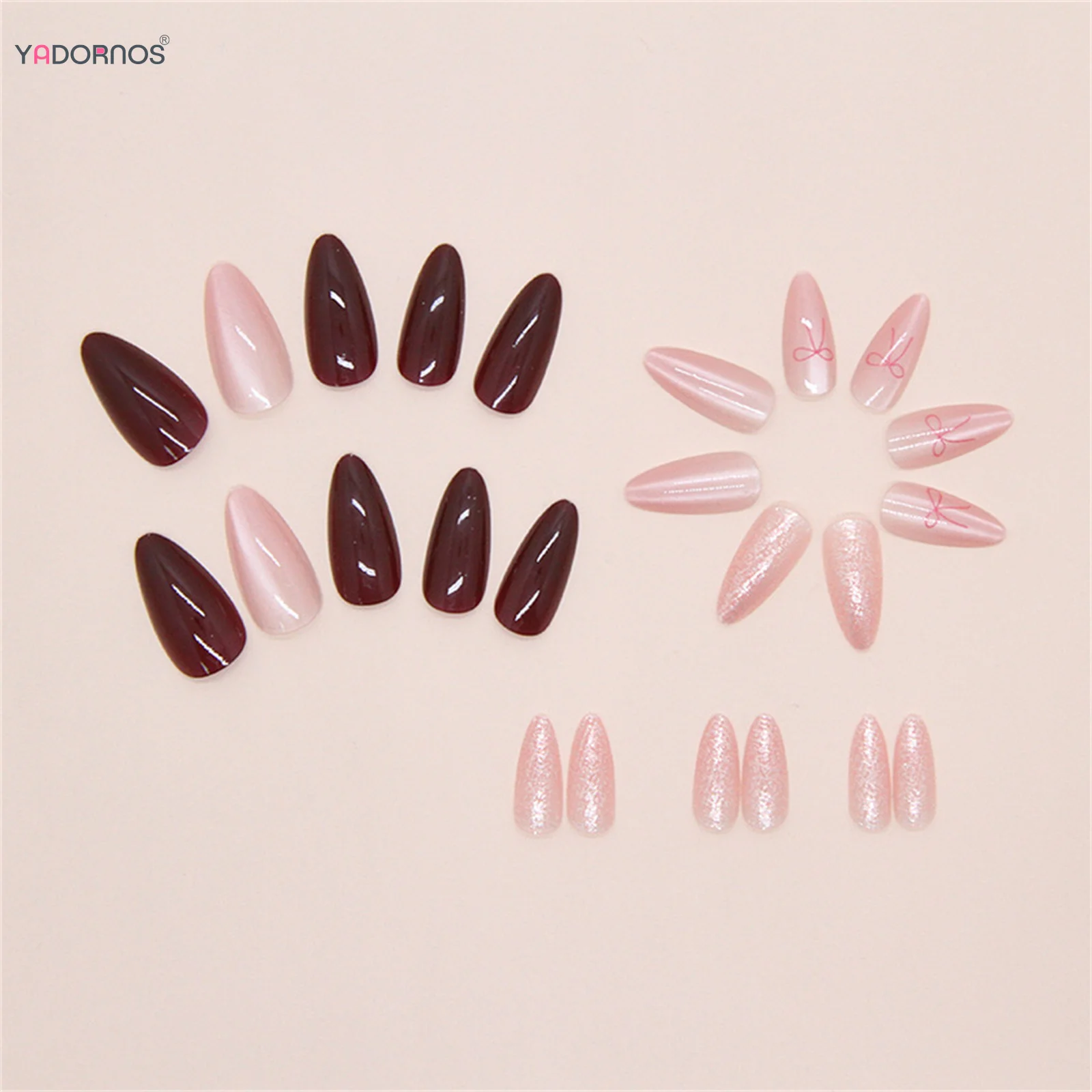 24 قطعة اللوز الأحمر الأظافر وهمية لامعة الوردي عيون القط تصاميم اضغط على الأظافر Bowknot ديكور النساء الفتيات سحر مانيكير رسومات أظافر