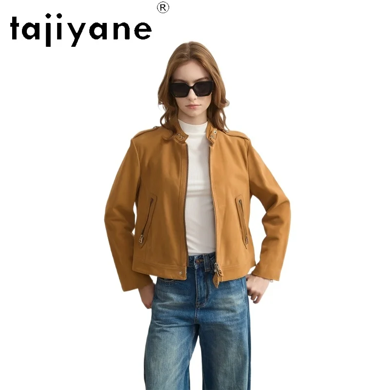 TAJIYANE Vintage Genuine Leather Jacket Woman Goatskin Suede Leather Coat Cropped Jackets for Woman Stand Collar Outerwear 자켓