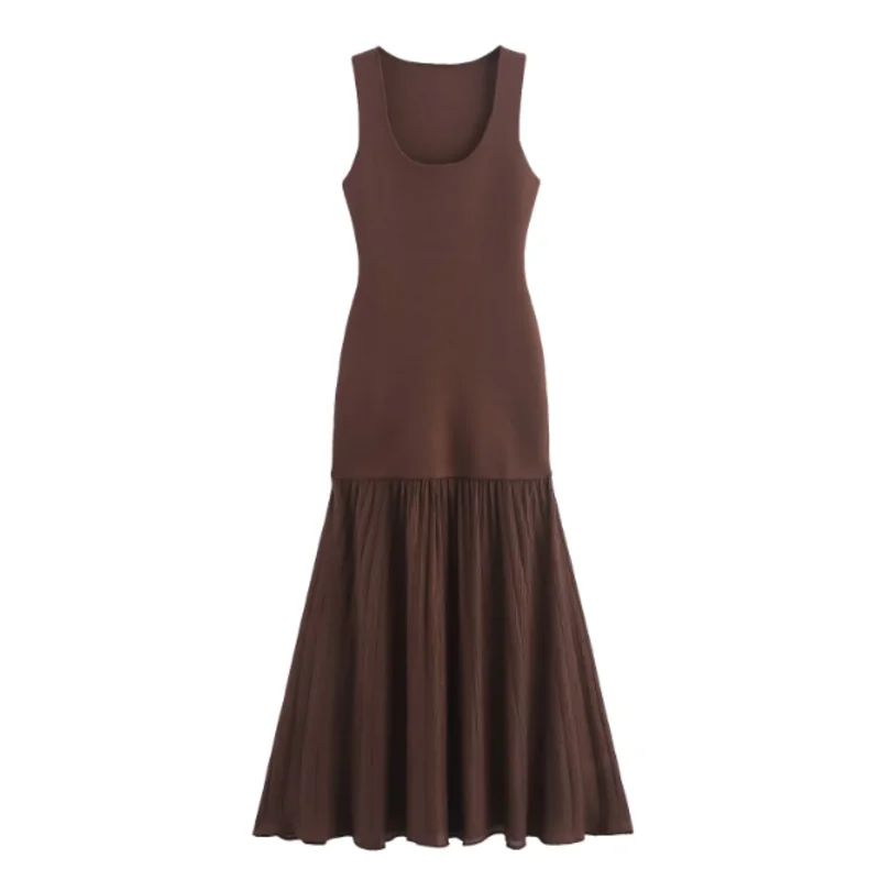 فستان نسائي جديد لخريف 2025 بتصميم عصري متعدد الاستخدامات مع ياقة مستديرة بدون أكمام من التريكو، أنيق وعصري بتنورة ذيل السمكة