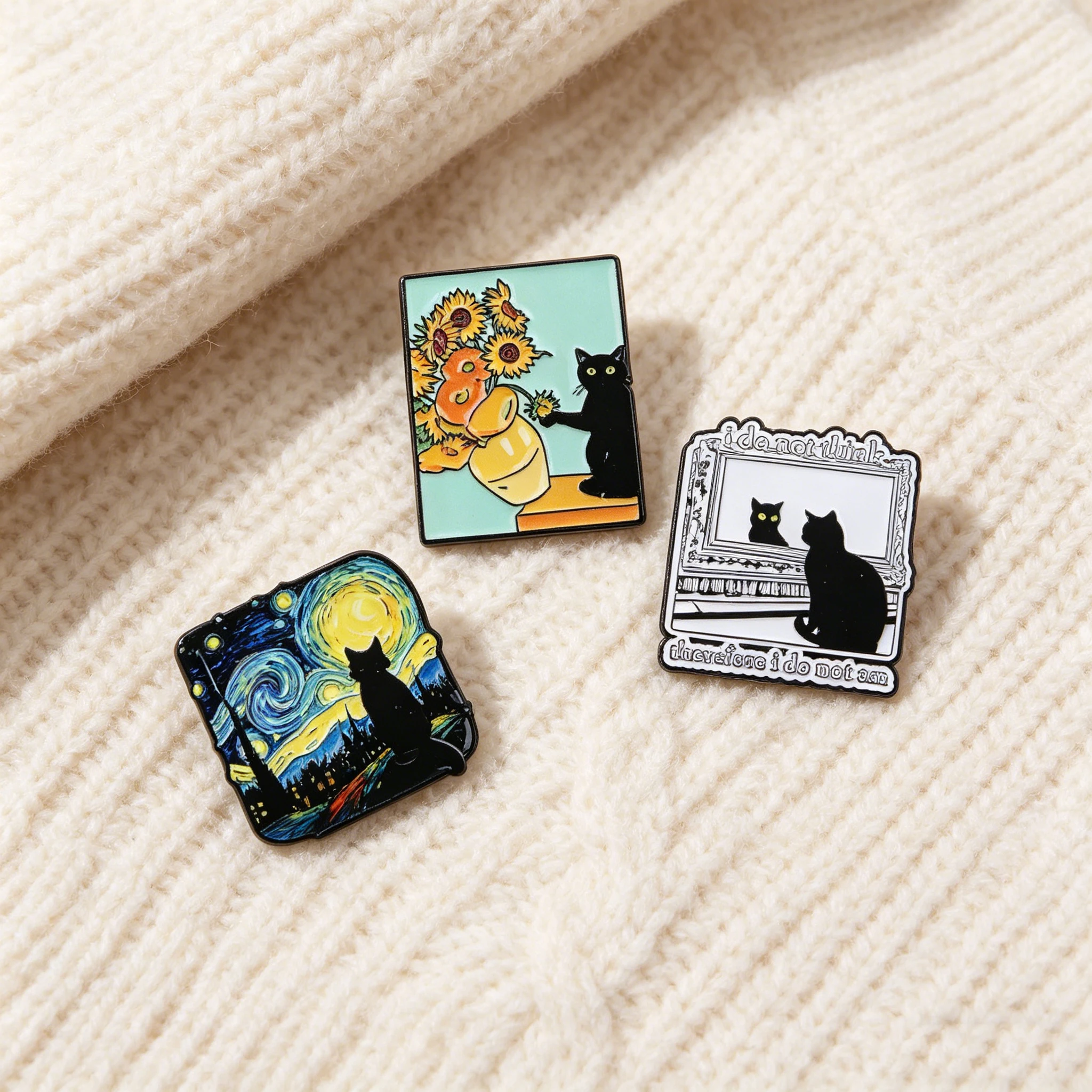 3-teiliges Set Van Gogh Schwarze Katze Emaille-Anstecknadeln Sternennacht Reversnadeln Abzeichen für Rucksack Broschen für Frauen Schmuck Freunde Geschenke