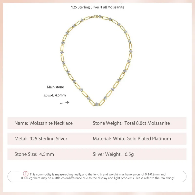 KEEP YES Total 8.8ct 4.5mm Round Full Moissanite Diamond Necklace for Women 925 Sterling Silver Clip Neck Chain Adjustable