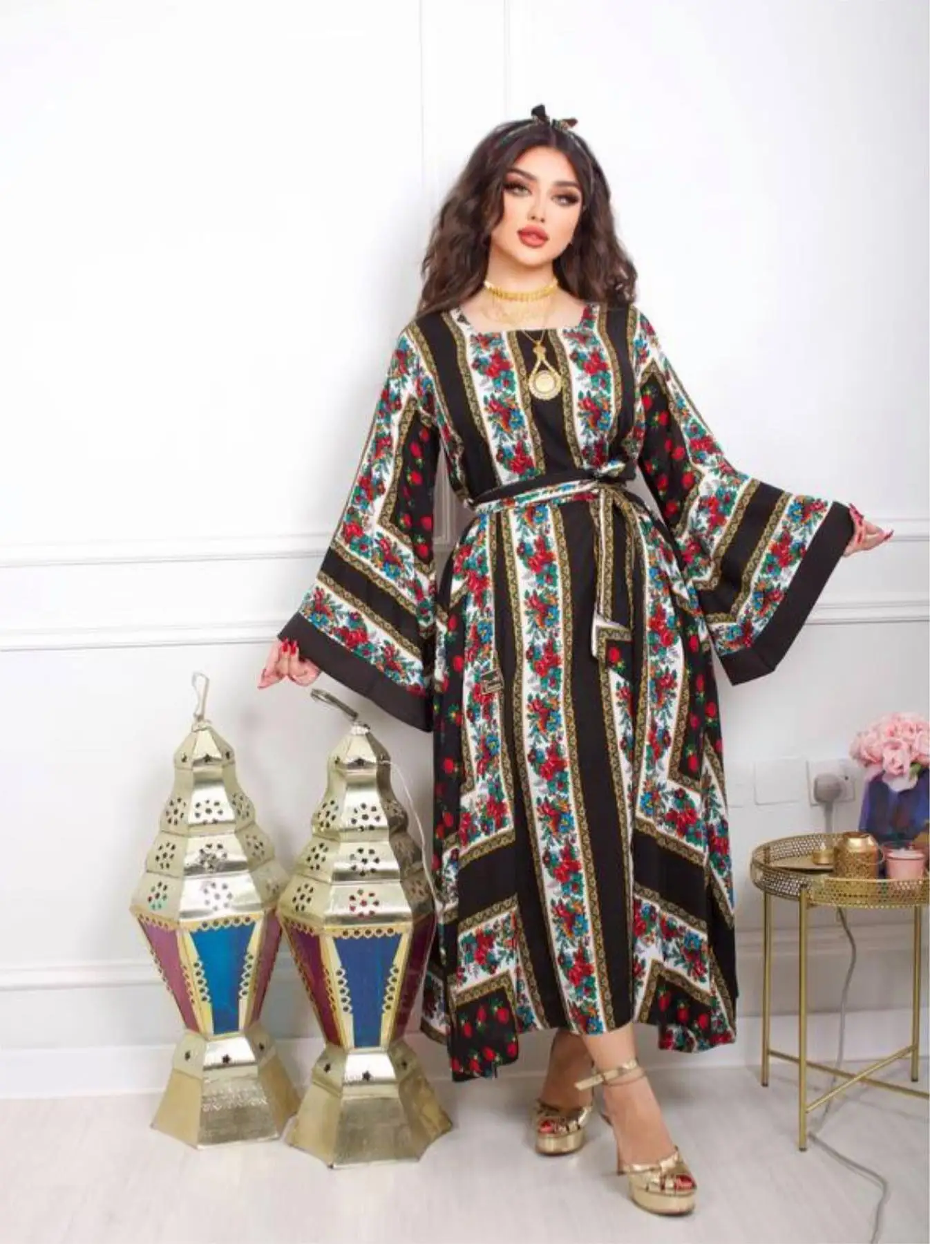 

Rocwickline Summer&Autumn Women's Middle East Dubai Turkey Muslim Printed Casual Loose Female Floral Islam Arab Party Dress