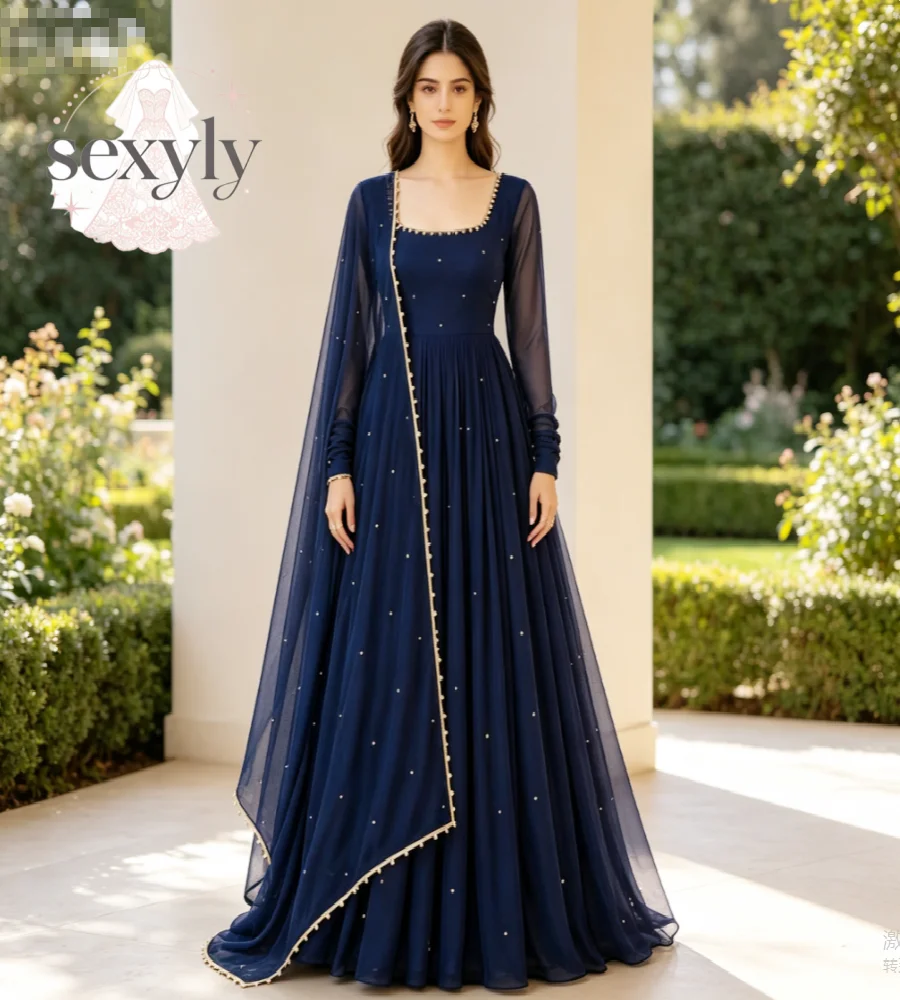 Marineblaues Anarkali-Abendkleid mit Dupatta, Quadratischer Ausschnitt, Lange Ärmel, Tüll, Indisch-Pakistanisches Hochzeits-Party-Ballkleid aus Georgette