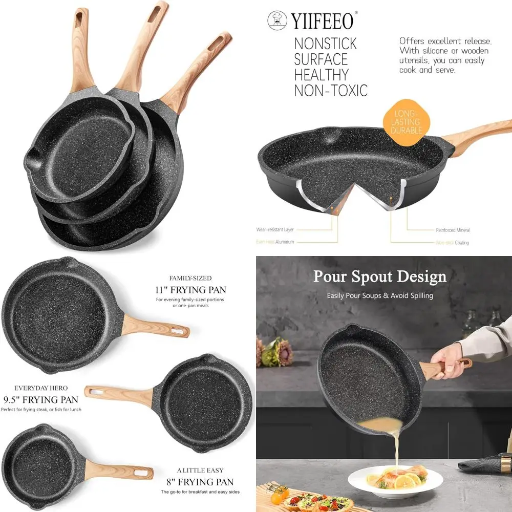 

Набор сковородок с антипригарным покрытием — набор гранитных сковородок, без PFOA и PTFE, индукционная совместимость, идеально подходит для приготовления яиц и омлетов