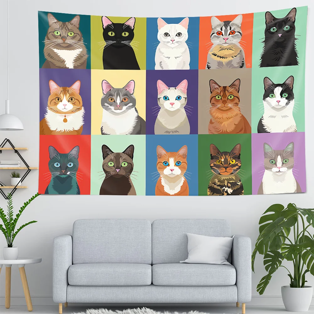 Tapestry Cute Cartoon Cat Grid Design with Vibrant Colors Bedroom Enhancement, Whimsical Decor, Versatile Decor Piece