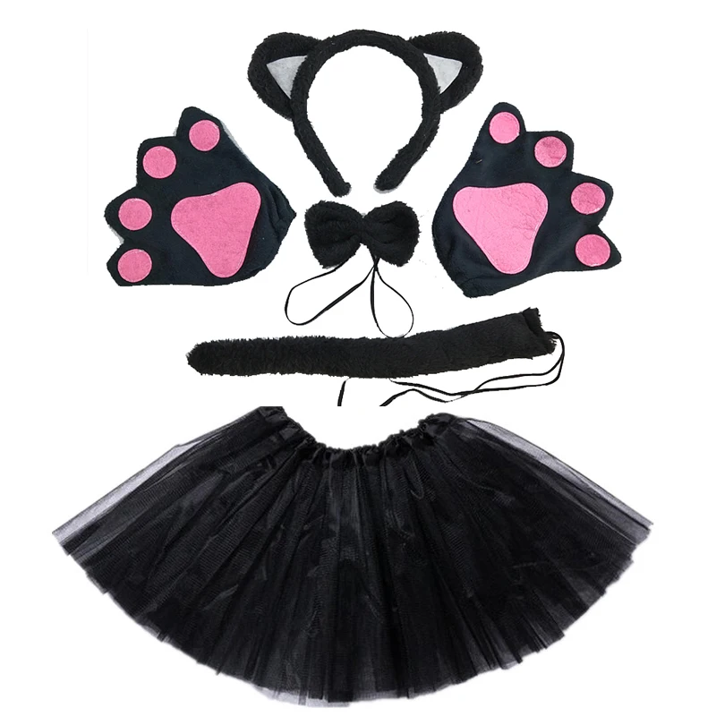 Black White Kids Girl Women Cat Animal Costume Headband Tail Tutu Skirt Bowtie Set Cosplay Party Birthday Halloween Christmas