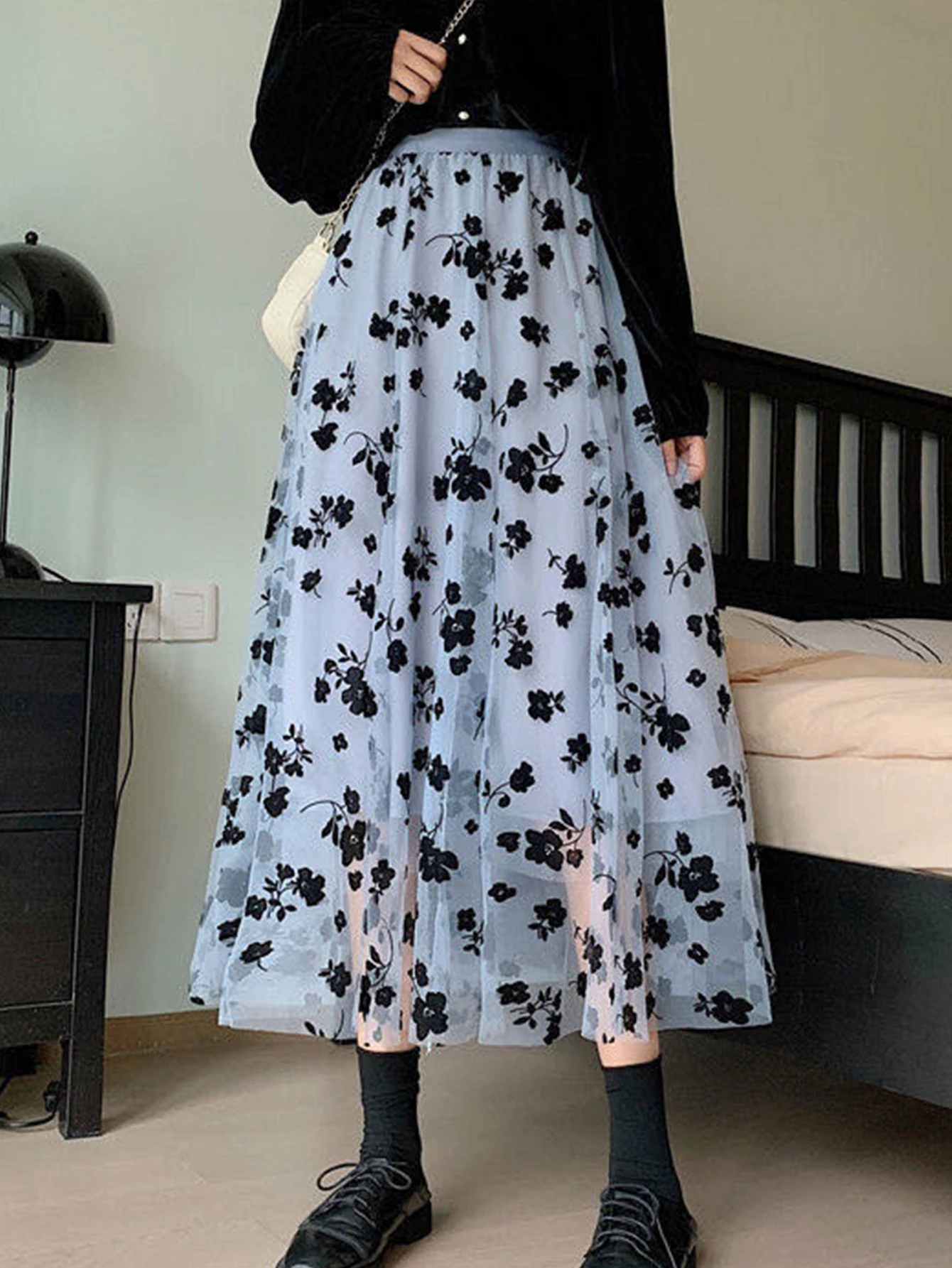 

Mesh Floral Skirt For Women 2025 Spring Winter Lace Flocking Fashion Big Swing Elastic High Waisted Elegant Mujer Party A-Line