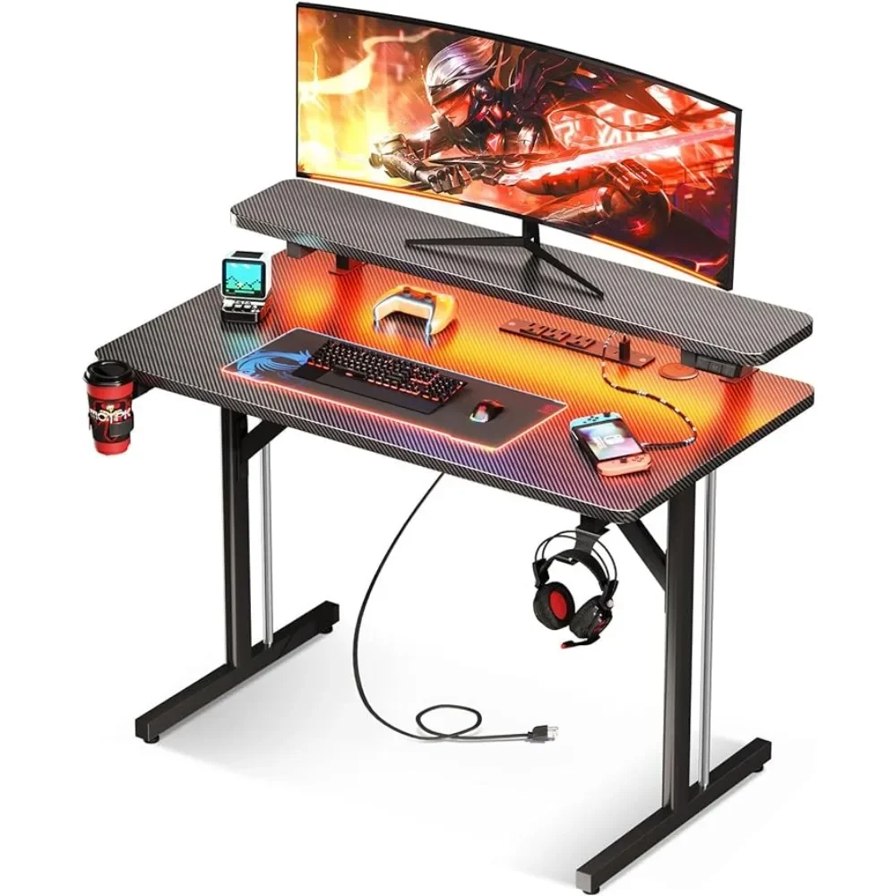 Mesas Computador com Luzes LED e Tomadas, Mesa Gaming com Prateleira Monitor, 31"