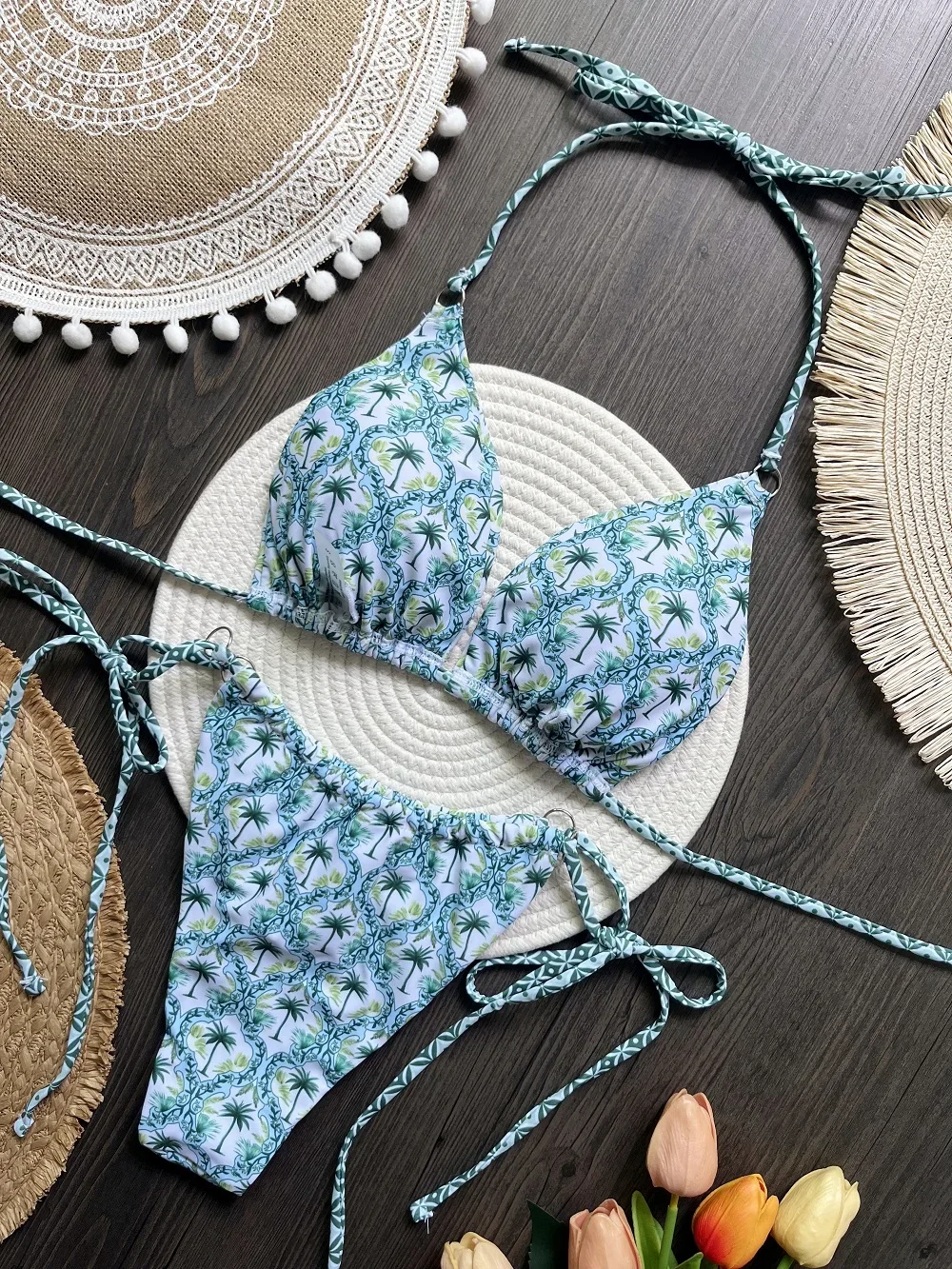 RUOTONSEPT Sexy Triangle Coconut tree print Bikini Set Women's Swimsuit Two-piece Halter Swimwear Bathing Suit Brazilian Biquini