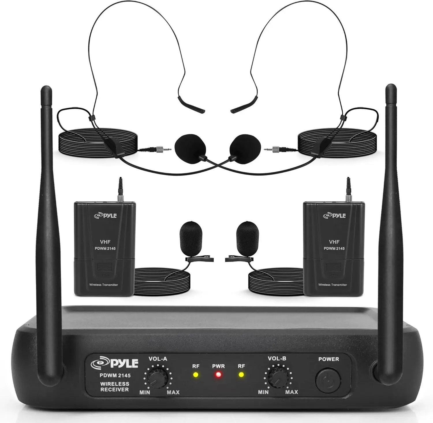 

Dual Channel Wireless Mic System - VHF, 2 Lavalier & 2 Headset Mics, Transmitter & Receiver for PA, Karaoke, DJ Party