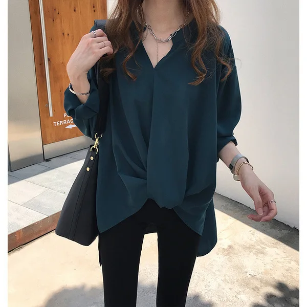 Dark Green Satin V Neck Front Twist Three Quarter Sleeve Blouse Women Loose Irregular Long Hem Casual Shirt