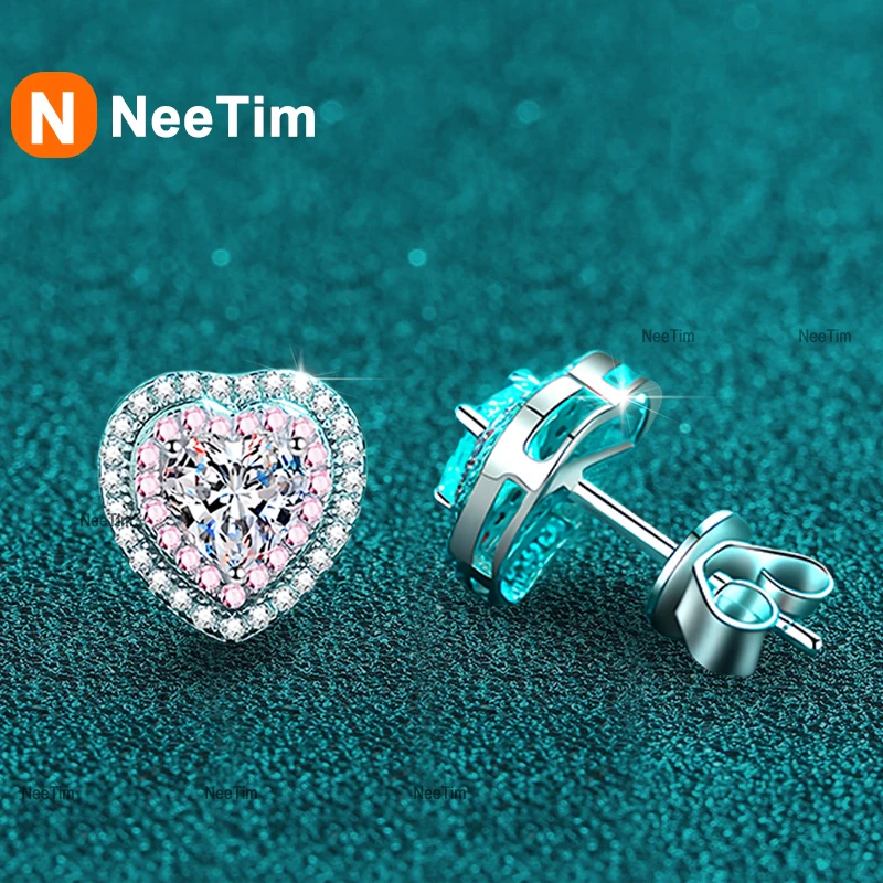 NeeTim 0.5ct Moissanite Earrings for Women Heart Shaped Lab Diamond Ear Studs 925 Sterling Silver Party Wedding Fine Jewelry