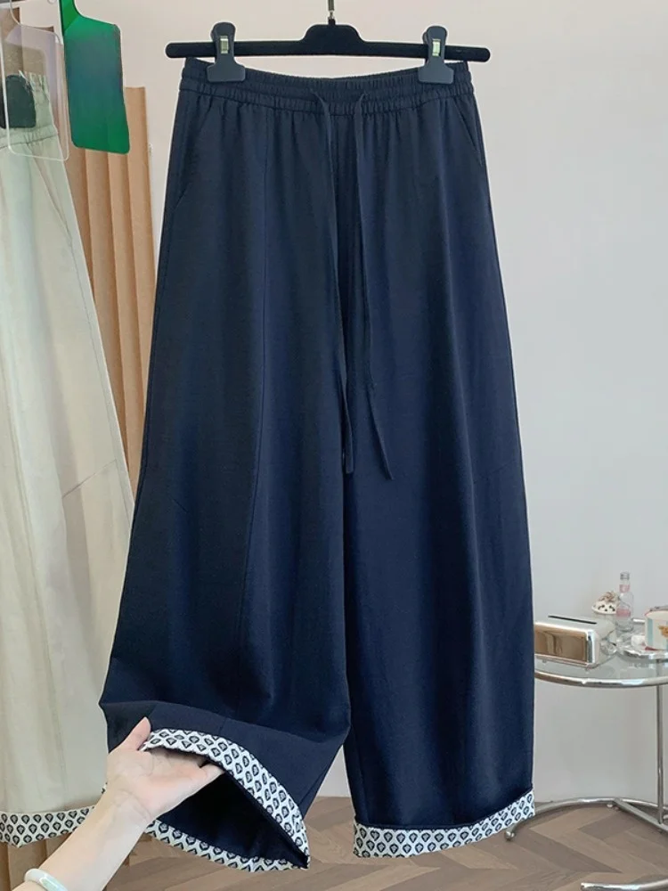 Summer New Pure Cotton Wide Leg Pants Women's Drawstring Tied Casual Pants Draping Knife Pants Printed Cuffed Loose Fit