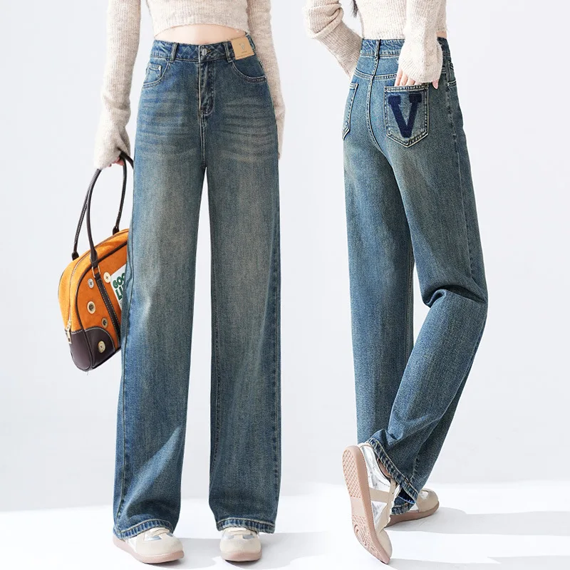 

Vintage Retro Wide-Leg Jeans for Women, Autumn New Loose Slimming High-Waist Casual Narrow Straight Pants