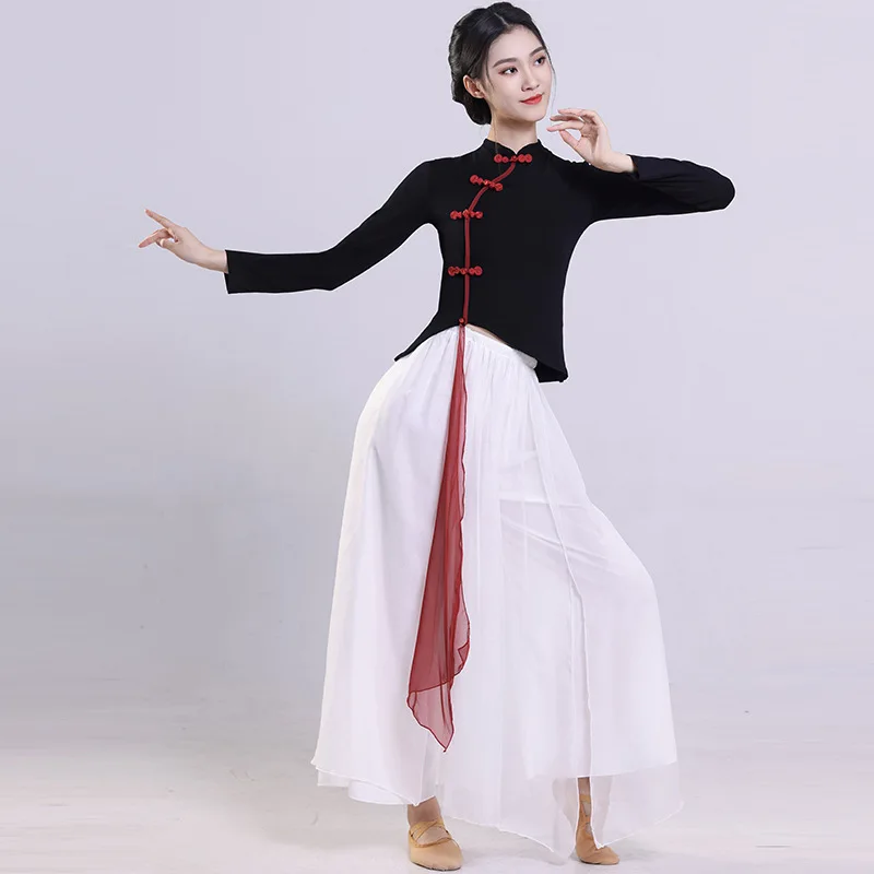 Traje de danza clásica Body Rhyme estilo chino ropa Cheongsam mejorada Top negro de manga larga para mujer