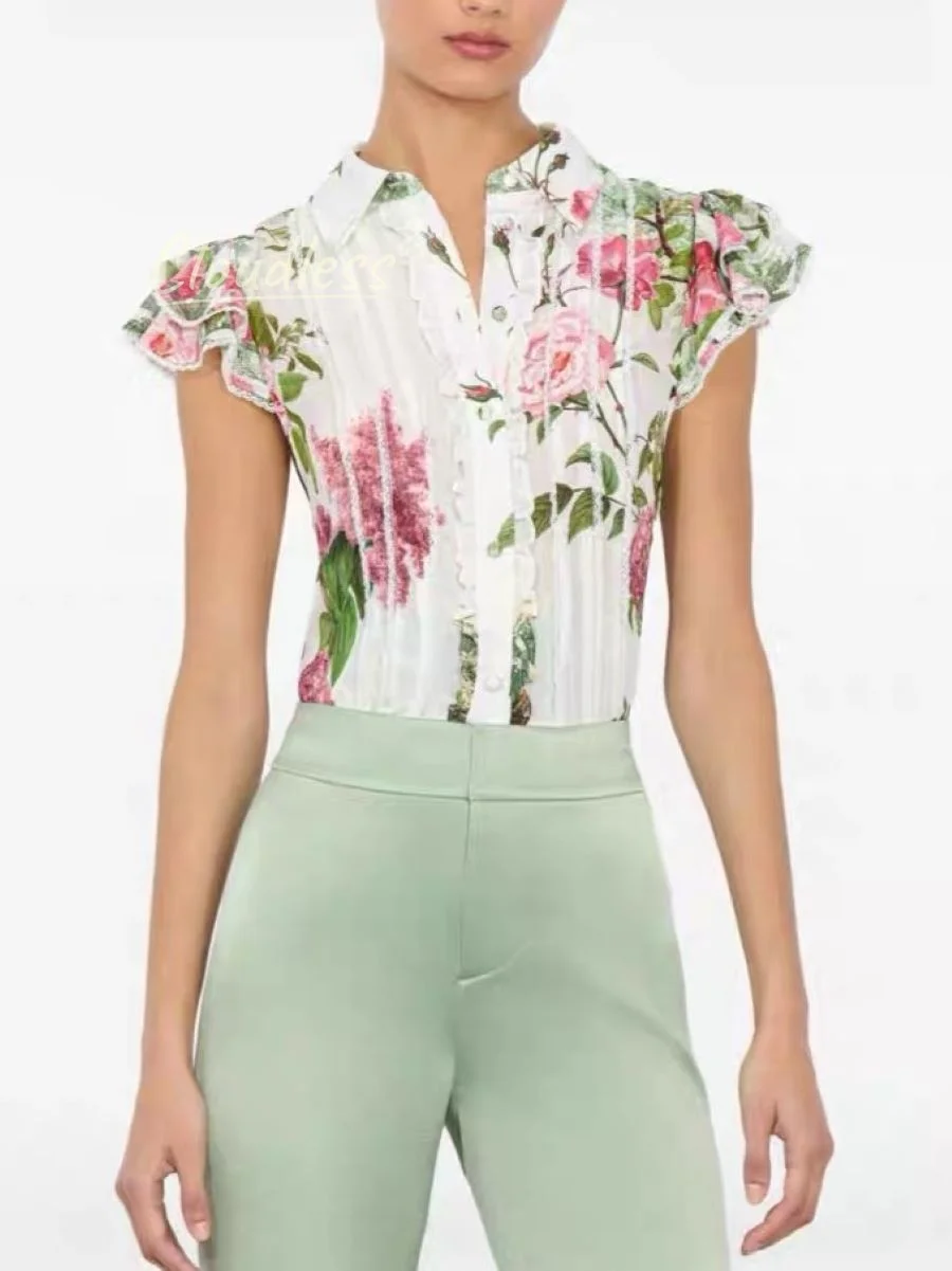 

100% Silk Women Flower Print Shirt Lace Stitching Single Breasted Turn-down Collar Short Sleeve Fashion Ladies Blouse Top