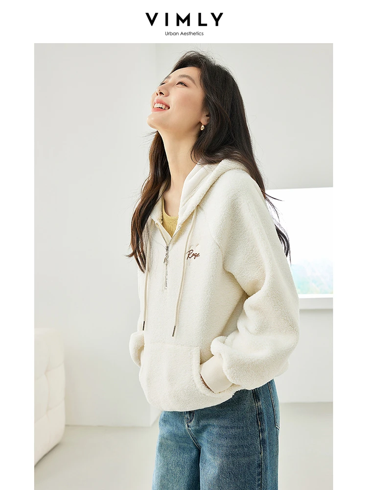 Vimly Women Hooded Sweatshirt Half Zipper Hoodie 2023 Winter Office Lady Thick Warm Pullover Long Sleeve Top Woman Clothes M3755