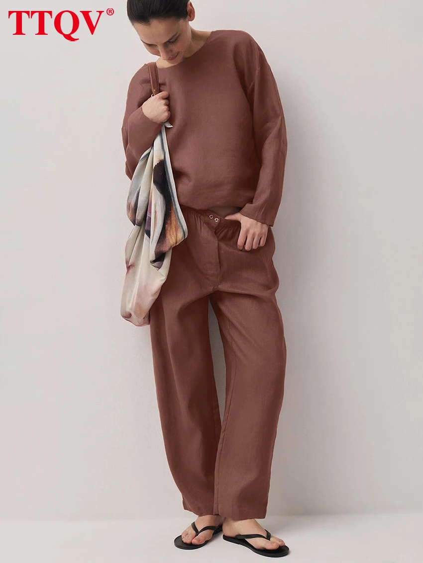 TTQV Casual Loose Brown Cotton Home Women's 2-Piece Sets 2027 Elegant Long Sleeve Shirt With High Waist Wide Pants Set Female