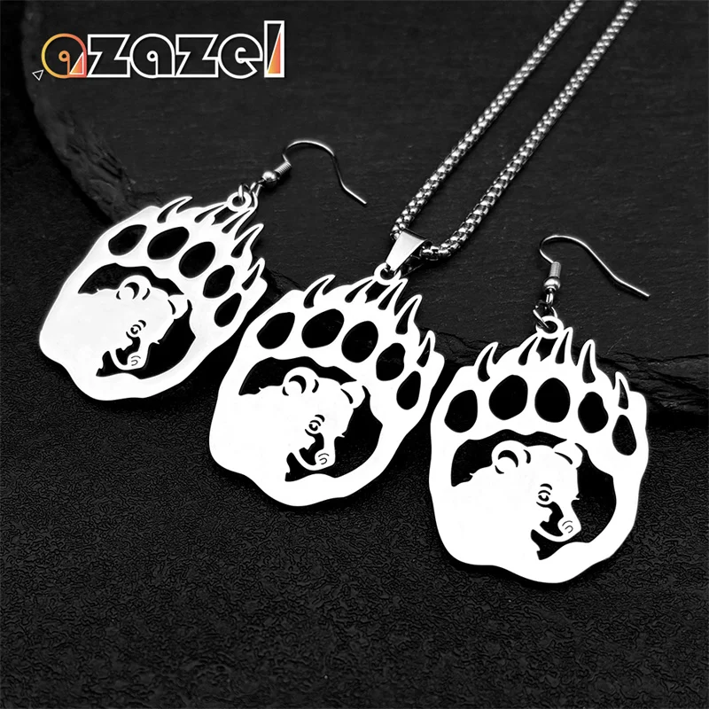 

Gothic Witchcraft Bear Paw Hollow Necklace Earrings for Women Men Black Color Stainless Steel Wicca Goth Animal Jewelry Set